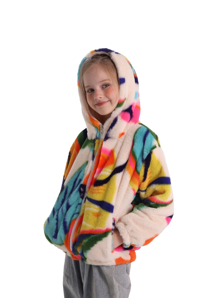 Felpa MULTICOLOR giacca invernale con cappuccio e tasche, unisex per adulti e bambini, in pile flanella, calda e morbida, colori divertenti