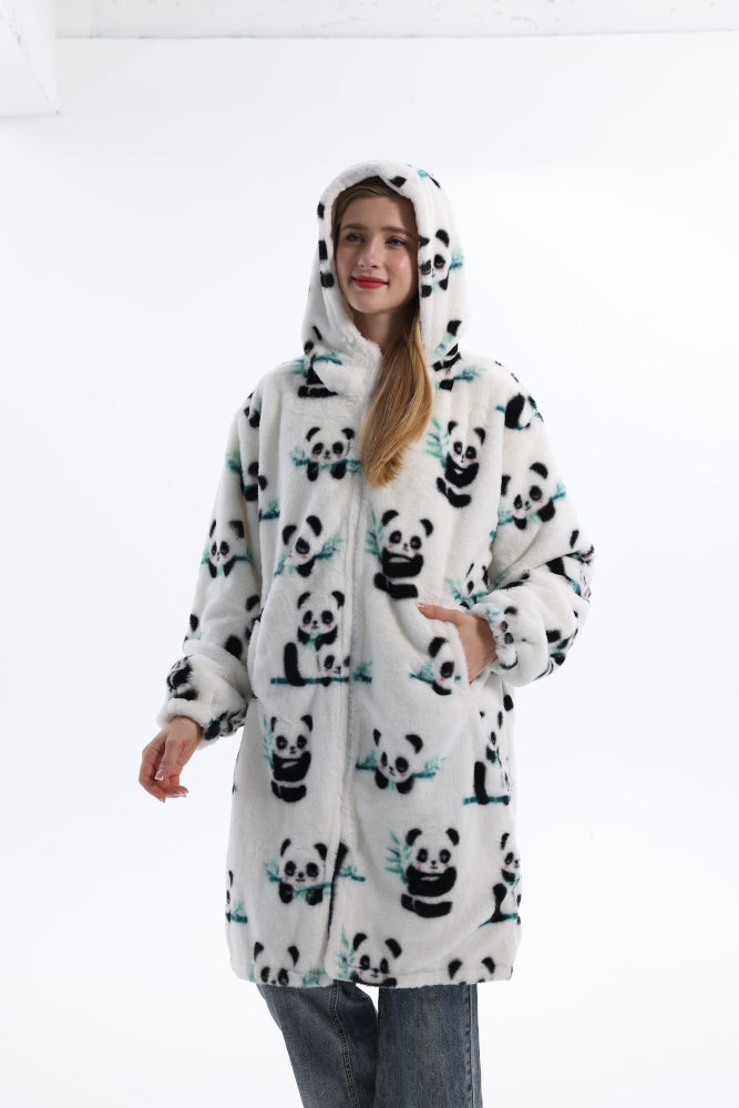 Felpa PANDA giacca invernale con cappuccio e tasche, unisex per adulti e bambini, in pile flanella, calda e morbida, colori divertenti