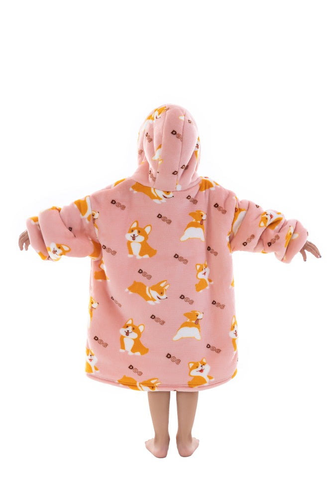 Poncho CORGI lungo unisex in flanella con cappuccio e maniche lunghe, plaid indossabile caldo e morbido