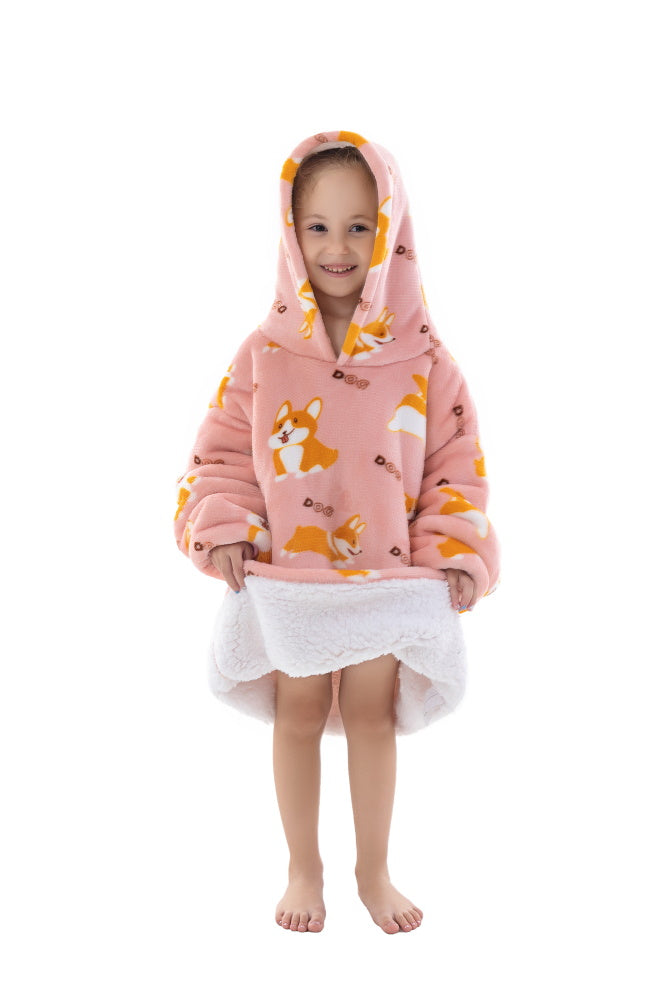 Poncho CORGI lungo unisex in flanella con cappuccio e maniche lunghe, plaid indossabile caldo e morbido