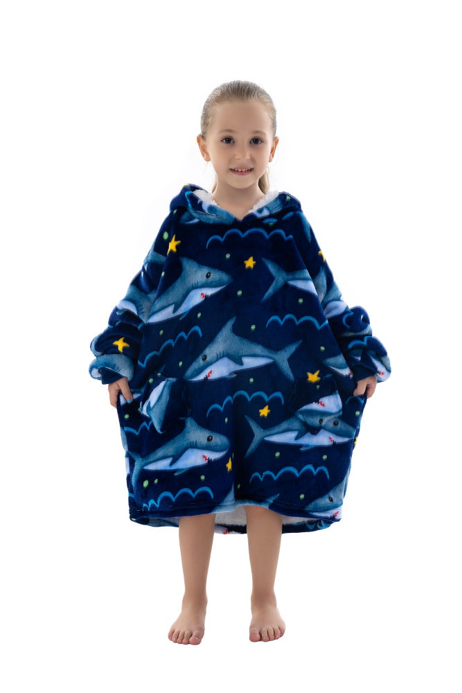 Poncho SQUALO lungo unisex in flanella con cappuccio e maniche lunghe, plaid indossabile caldo e morbido
