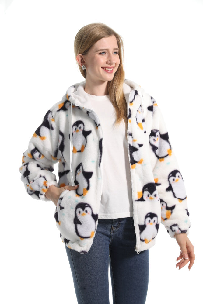 Felpa PINGUINO giacca invernale con cappuccio e tasche, unisex per adulti e bambini, in pile flanella, calda e morbida, colori divertenti