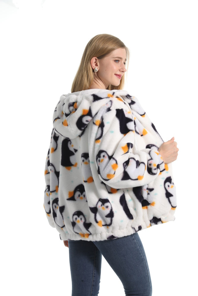 Felpa PINGUINO giacca invernale con cappuccio e tasche, unisex per adulti e bambini, in pile flanella, calda e morbida, colori divertenti