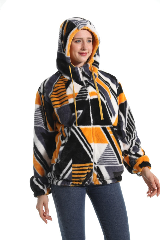 Felpa GEOMETRICO giacca invernale con cappuccio e tasche, unisex per adulti e bambini, in pile flanella, calda e morbida, colori divertenti