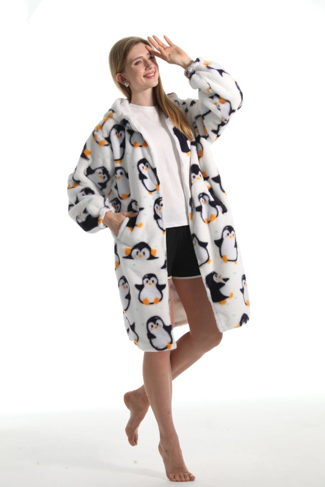 Felpa PINGUINO giacca invernale con cappuccio e tasche, unisex per adulti e bambini, in pile flanella, calda e morbida, colori divertenti