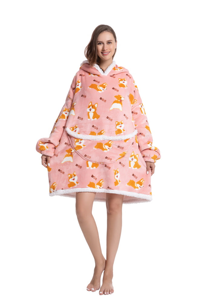 Poncho CORGI lungo unisex in flanella con cappuccio e maniche lunghe, plaid indossabile caldo e morbido