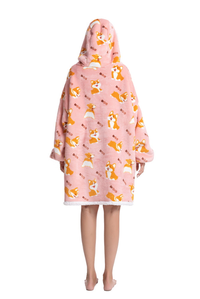 Poncho CORGI lungo unisex in flanella con cappuccio e maniche lunghe, plaid indossabile caldo e morbido