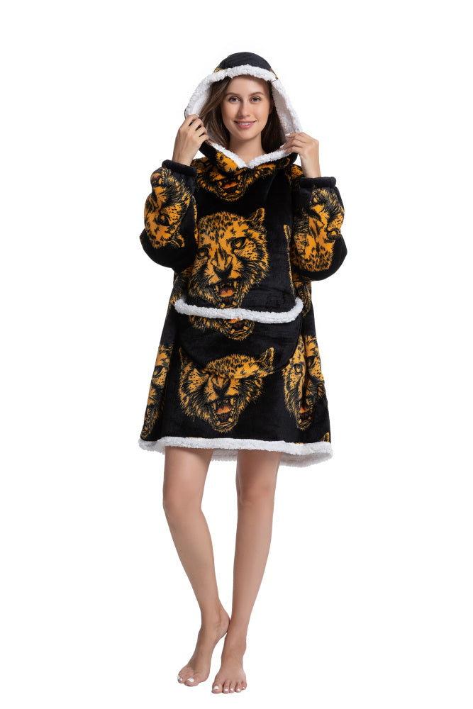 Poncho TESTA TIGRE lungo unisex in flanella con cappuccio e maniche lunghe, plaid indossabile caldo e morbido