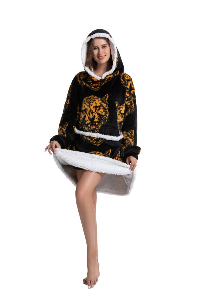 Poncho TESTA TIGRE lungo unisex in flanella con cappuccio e maniche lunghe, plaid indossabile caldo e morbido