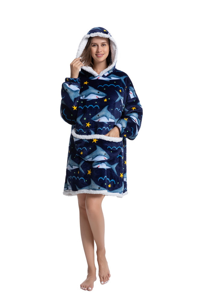 Poncho SQUALO lungo unisex in flanella con cappuccio e maniche lunghe, plaid indossabile caldo e morbido