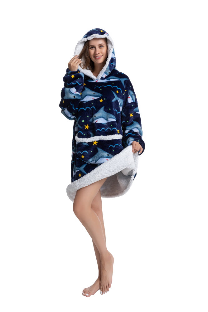 Poncho SQUALO lungo unisex in flanella con cappuccio e maniche lunghe, plaid indossabile caldo e morbido