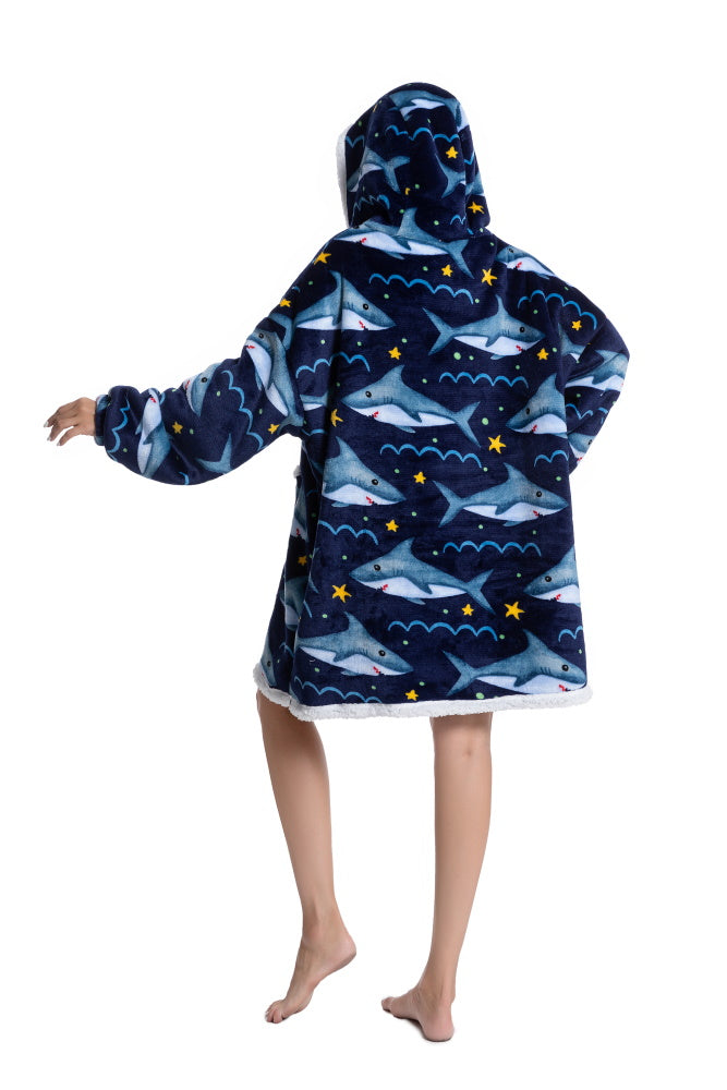 Poncho SQUALO lungo unisex in flanella con cappuccio e maniche lunghe, plaid indossabile caldo e morbido