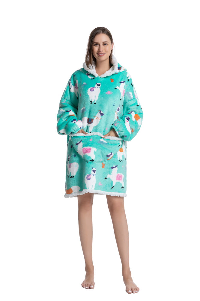 Poncho LAMA lungo unisex in flanella con cappuccio e maniche lunghe, plaid indossabile caldo e morbido