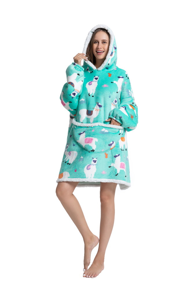 Poncho LAMA lungo unisex in flanella con cappuccio e maniche lunghe, plaid indossabile caldo e morbido
