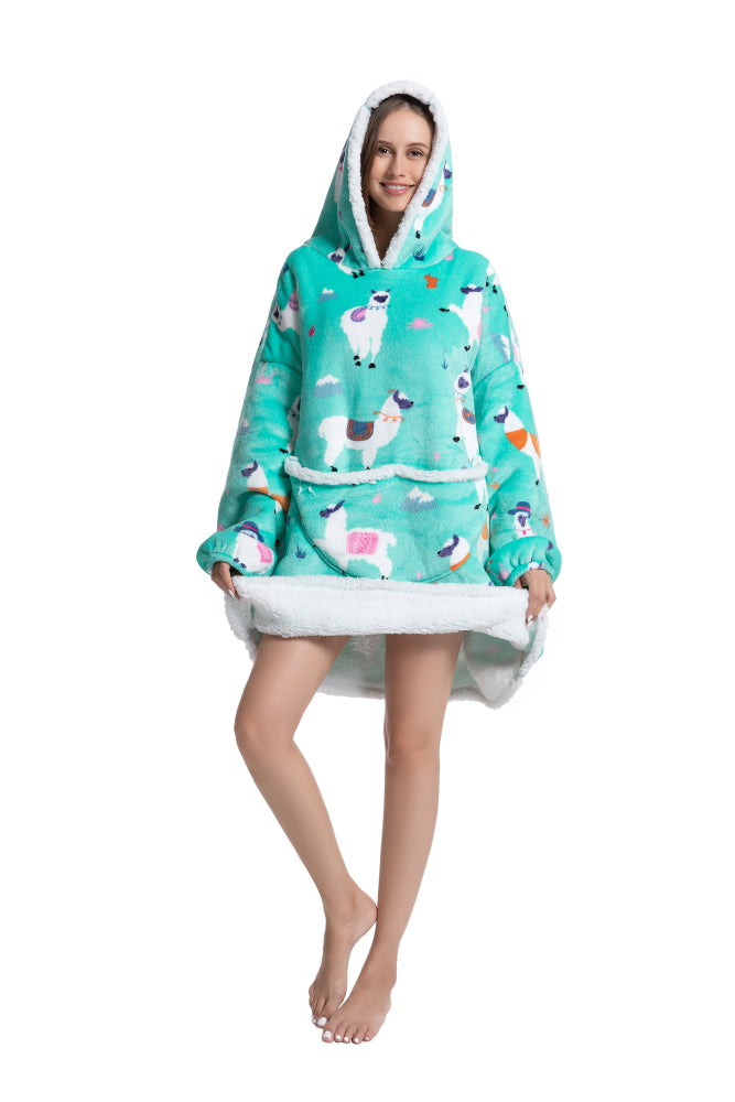 Poncho LAMA lungo unisex in flanella con cappuccio e maniche lunghe, plaid indossabile caldo e morbido