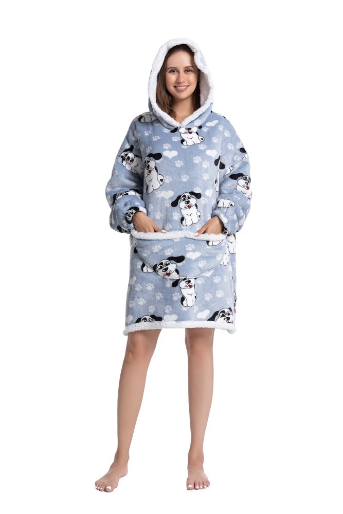 Poncho CANE lungo unisex in flanella con cappuccio e maniche lunghe, plaid indossabile caldo e morbido