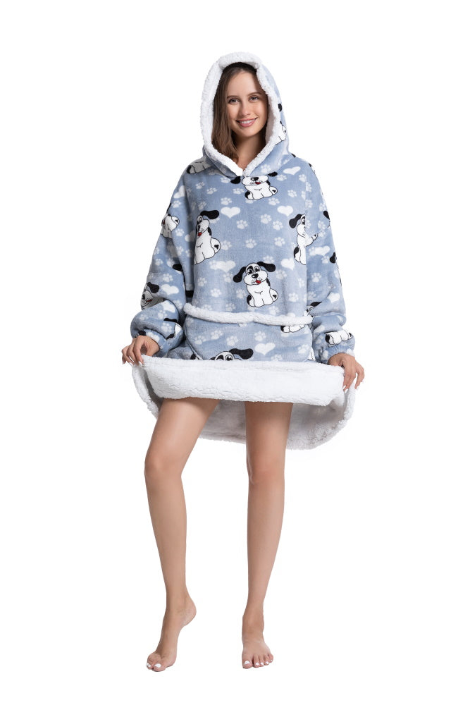 Poncho CANE lungo unisex in flanella con cappuccio e maniche lunghe, plaid indossabile caldo e morbido