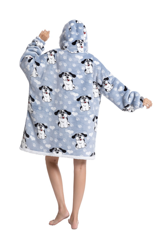 Poncho CANE lungo unisex in flanella con cappuccio e maniche lunghe, plaid indossabile caldo e morbido