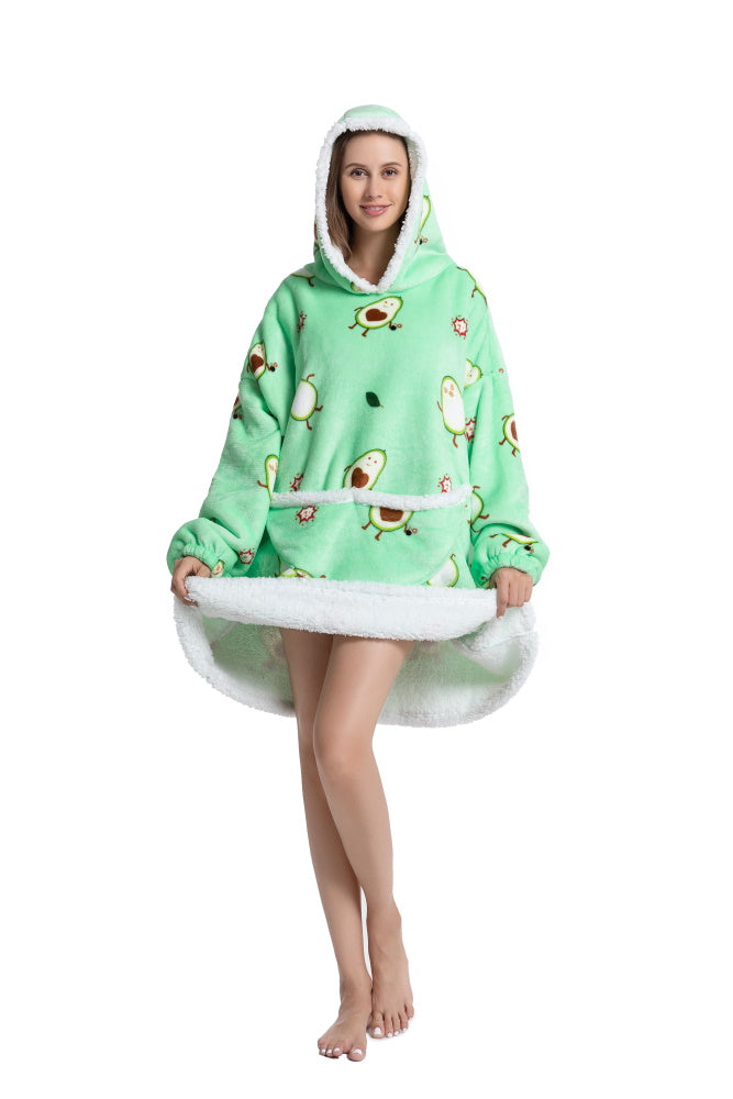 Poncho AVOCADO lungo unisex in flanella con cappuccio e maniche lunghe, plaid indossabile caldo e morbido