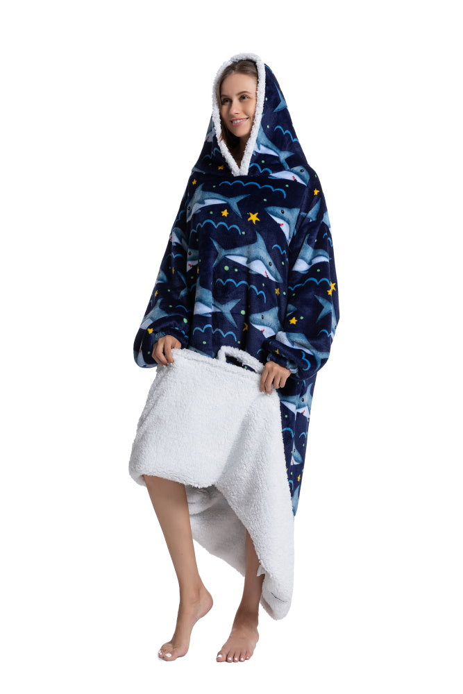 Poncho SQUALO lungo unisex in flanella con cappuccio e maniche lunghe, plaid indossabile caldo e morbido