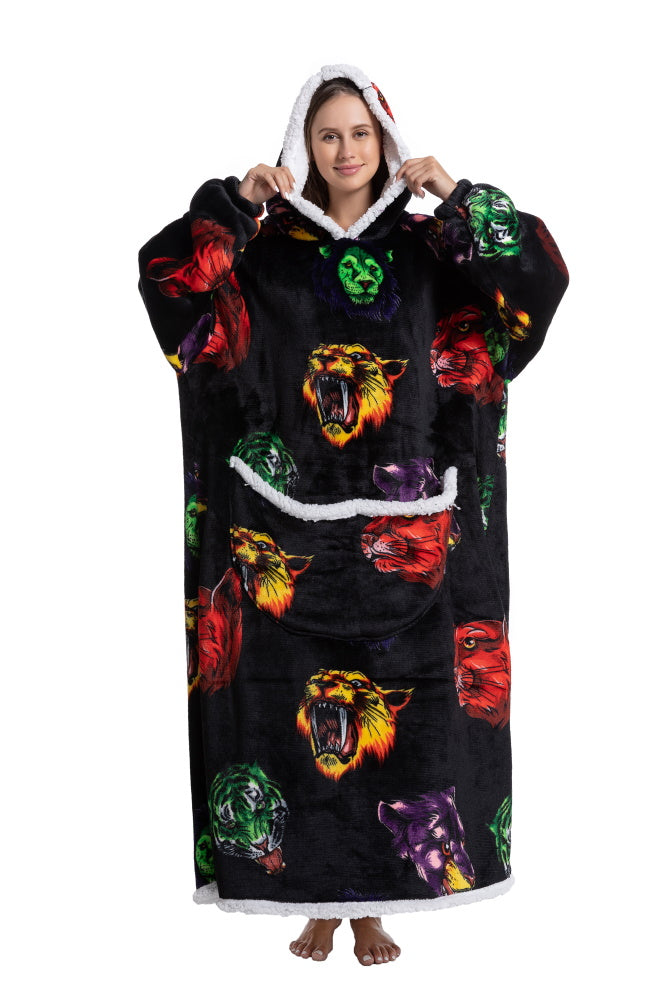 Poncho MISTO lungo unisex in flanella con cappuccio e maniche lunghe, plaid indossabile caldo e morbido