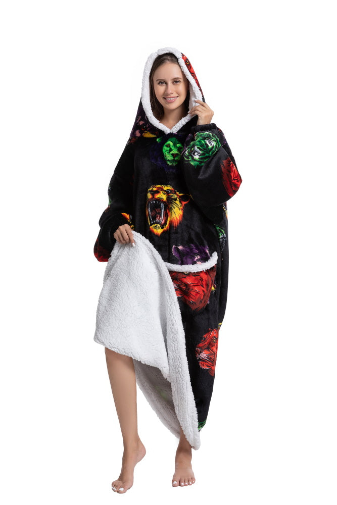 Poncho MISTO lungo unisex in flanella con cappuccio e maniche lunghe, plaid indossabile caldo e morbido
