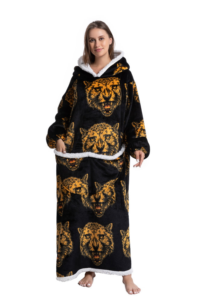 Poncho TESTA TIGRE lungo unisex in flanella con cappuccio e maniche lunghe, plaid indossabile caldo e morbido