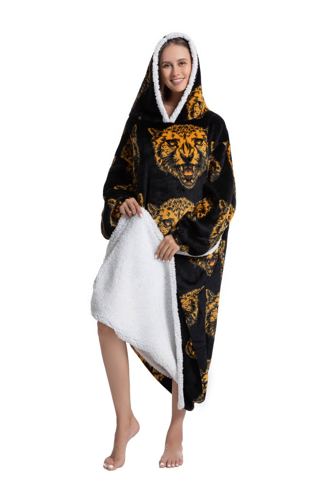 Poncho TESTA TIGRE lungo unisex in flanella con cappuccio e maniche lunghe, plaid indossabile caldo e morbido