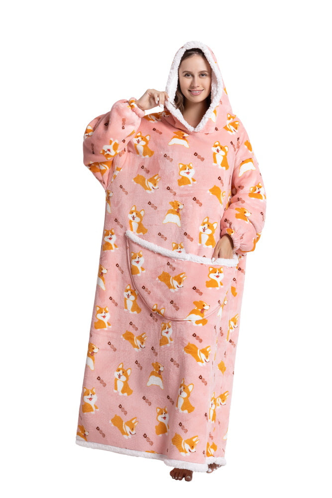 Poncho CORGI lungo unisex in flanella con cappuccio e maniche lunghe, plaid indossabile caldo e morbido