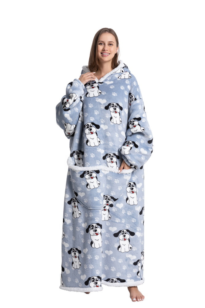 Poncho CANE lungo unisex in flanella con cappuccio e maniche lunghe, plaid indossabile caldo e morbido