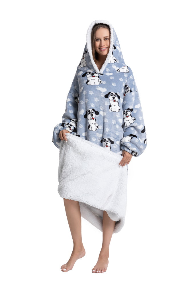 Poncho CANE lungo unisex in flanella con cappuccio e maniche lunghe, plaid indossabile caldo e morbido