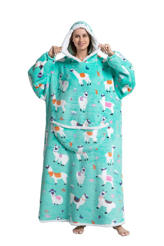 Poncho LAMA lungo unisex in flanella con cappuccio e maniche lunghe, plaid indossabile caldo e morbido