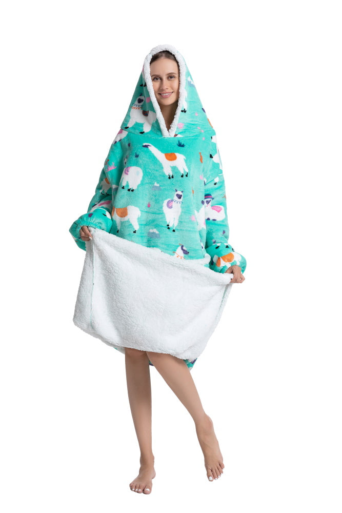 Poncho LAMA lungo unisex in flanella con cappuccio e maniche lunghe, plaid indossabile caldo e morbido