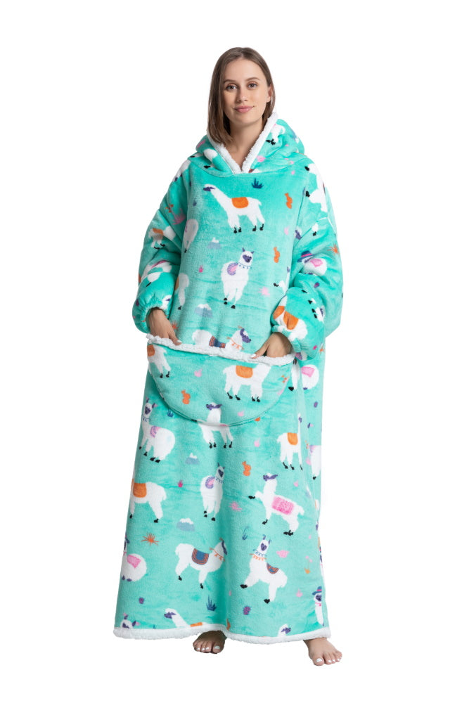 Poncho LAMA lungo unisex in flanella con cappuccio e maniche lunghe, plaid indossabile caldo e morbido