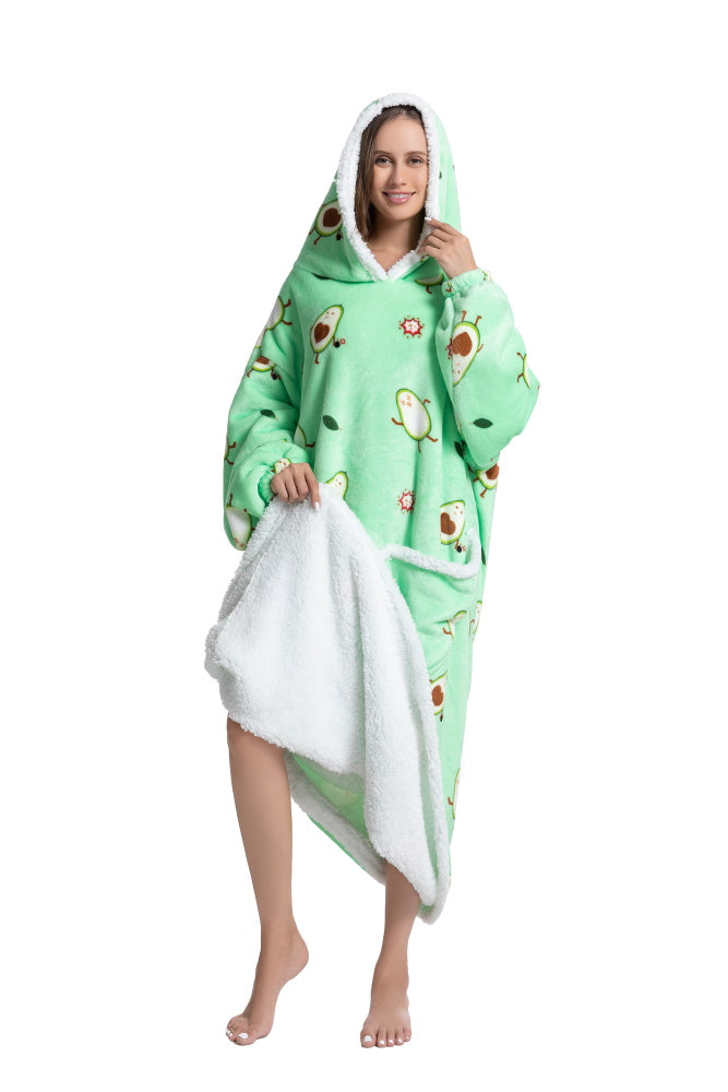 Poncho AVOCADO lungo unisex in flanella con cappuccio e maniche lunghe, plaid indossabile caldo e morbido
