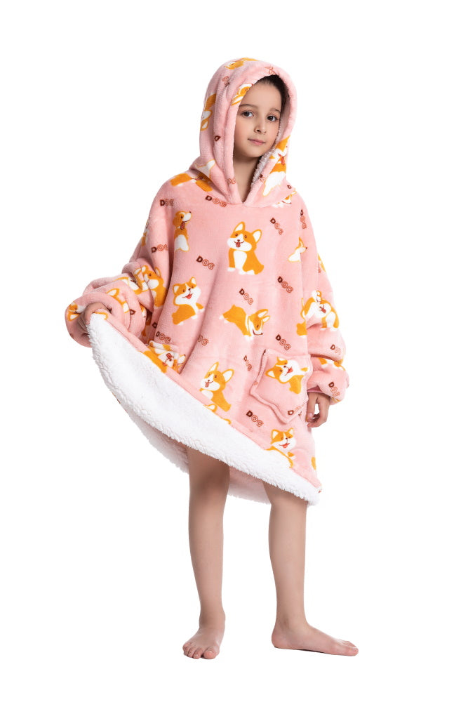 Poncho CORGI lungo unisex in flanella con cappuccio e maniche lunghe, plaid indossabile caldo e morbido