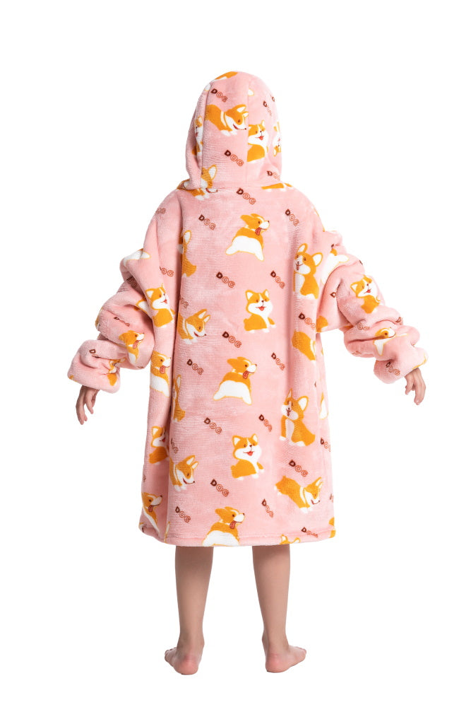 Poncho CORGI lungo unisex in flanella con cappuccio e maniche lunghe, plaid indossabile caldo e morbido