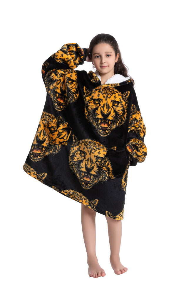 Poncho TESTA TIGRE lungo unisex in flanella con cappuccio e maniche lunghe, plaid indossabile caldo e morbido
