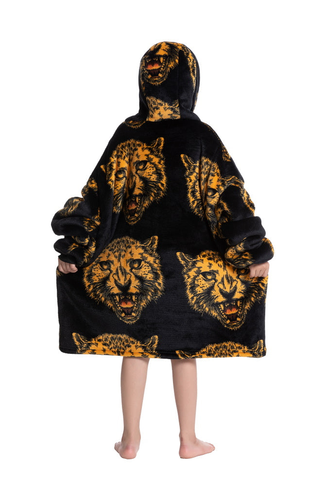 Poncho TESTA TIGRE lungo unisex in flanella con cappuccio e maniche lunghe, plaid indossabile caldo e morbido