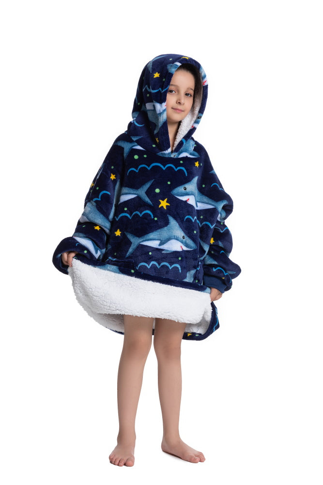 Poncho SQUALO lungo unisex in flanella con cappuccio e maniche lunghe, plaid indossabile caldo e morbido