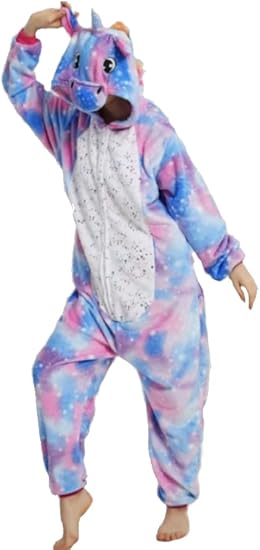Pigiama animale intero UNICORNO BLU, pigiamone invernale in flanella, costume carnevale cosplay unisex adulto bambino