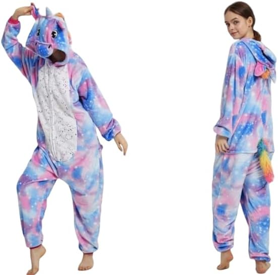 Pigiama animale intero UNICORNO BLU, pigiamone invernale in flanella, costume carnevale cosplay unisex adulto bambino