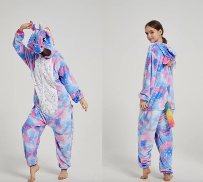Pigiama animale intero UNICORNO BLU, pigiamone invernale in flanella, costume carnevale cosplay unisex adulto bambino
