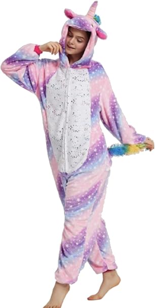 Pigiama animale intero UNICORNO ROSA, pigiamone invernale in flanella, costume carnevale cosplay unisex adulto bambino