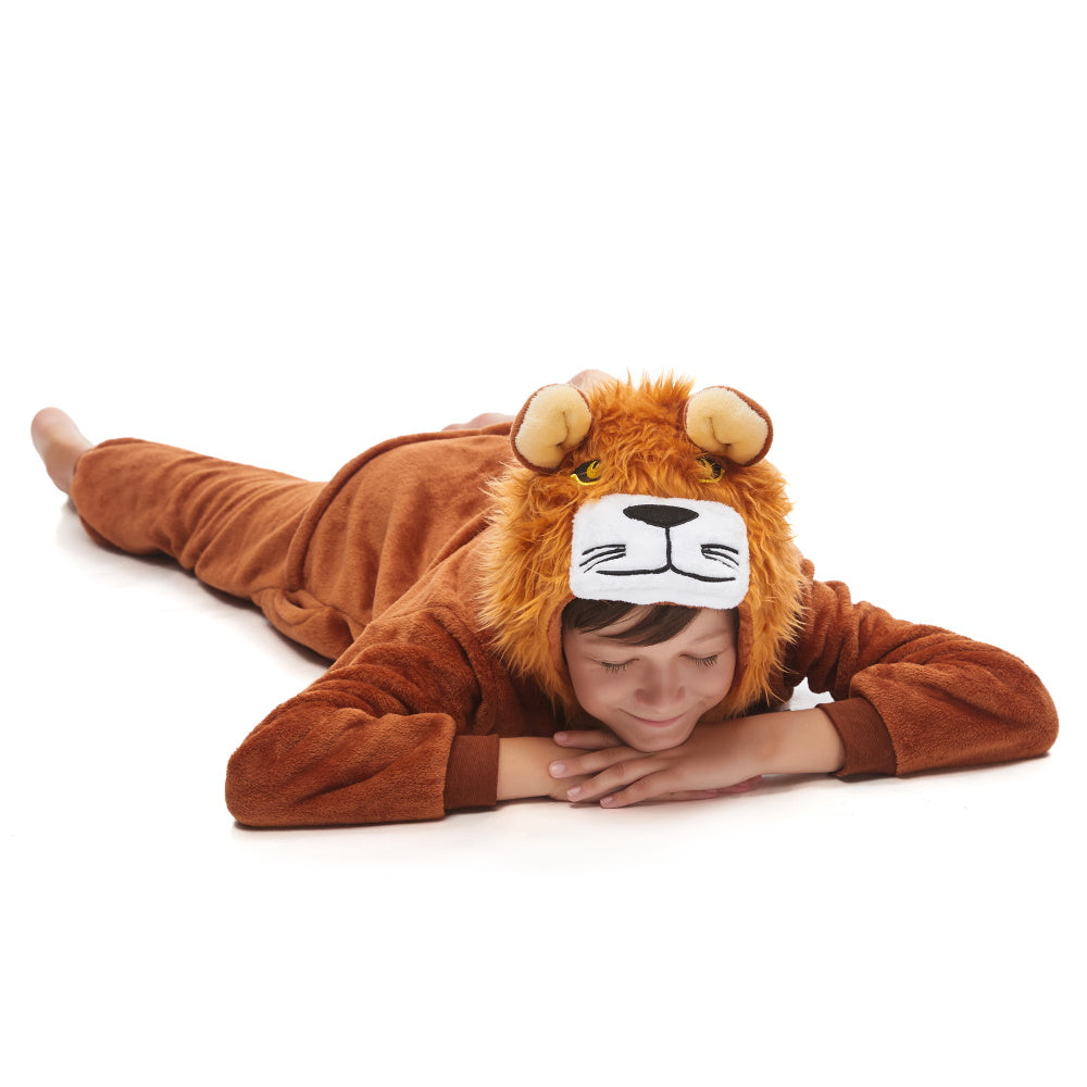 Pigiama animale intero LEONE, pigiamone invernale in flanella, costume carnevale Halloween cosplay unisex adulto bambino