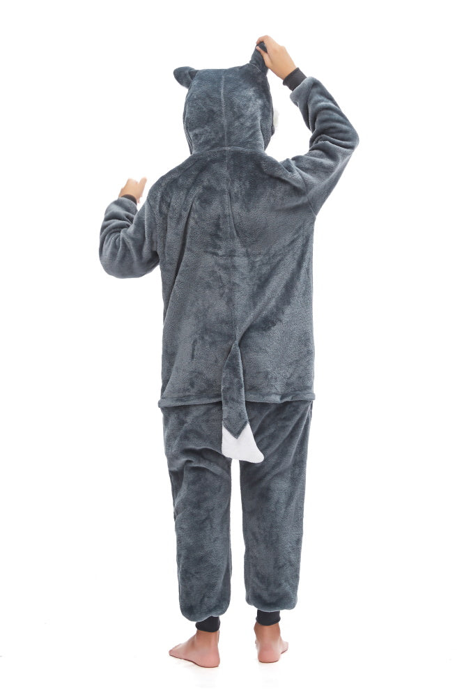 Pigiama animale intero LUPO GRIGIO, pigiamone invernale in flanella, costume carnevale cosplay, unisex adulto e bambino