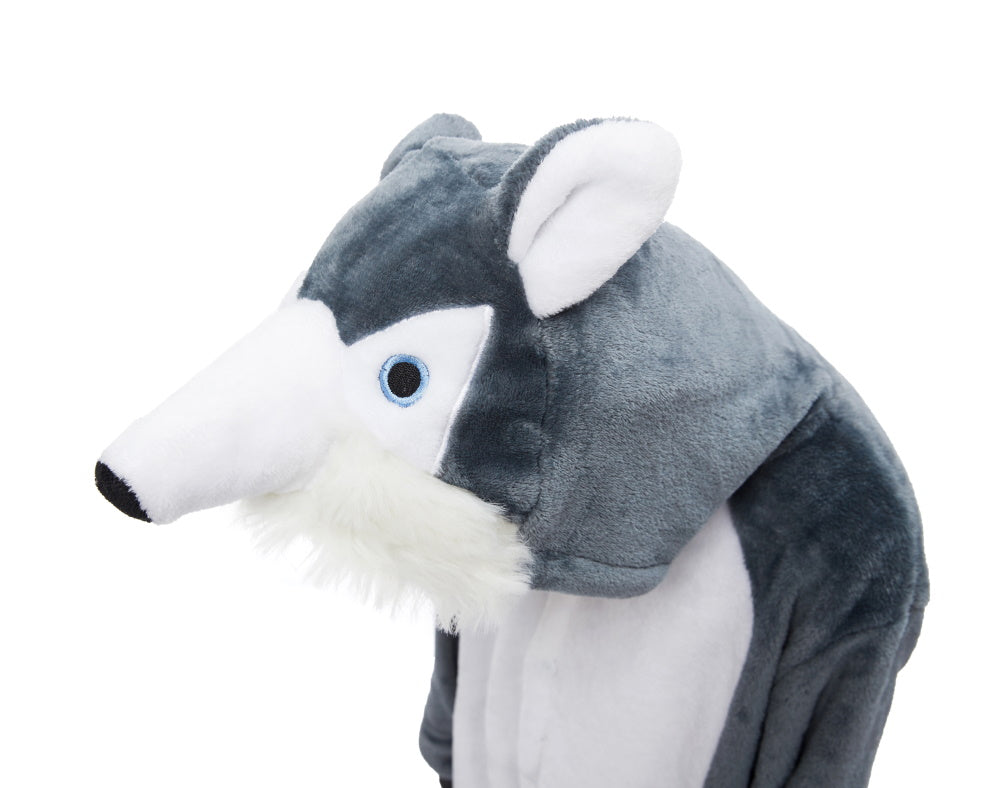 Pigiama animale intero LUPO GRIGIO, pigiamone invernale in flanella, costume carnevale cosplay, unisex adulto e bambino