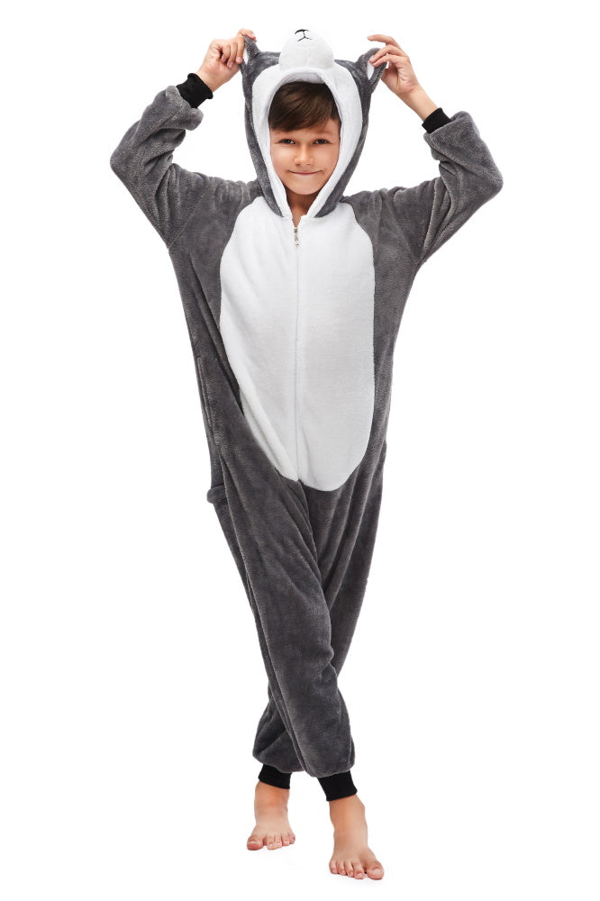 Pigiama pigiamone animale in flanella intero HUSKY GRIGIO, pigiama invernale, costume carnevale cosplay adulto bambino