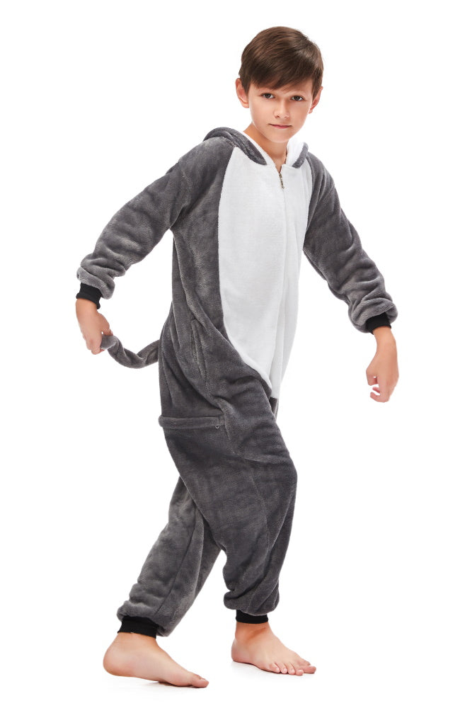 Pigiama pigiamone animale in flanella intero HUSKY GRIGIO, pigiama invernale, costume carnevale cosplay adulto bambino