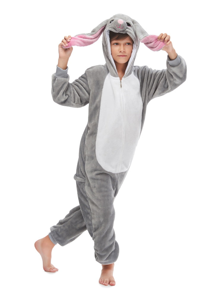 Pigiama pigiamone animale in flanella intero CONIGLIO GRIGIO, pigiama invernale, costume carnevale cosplay unisex adulto bambino